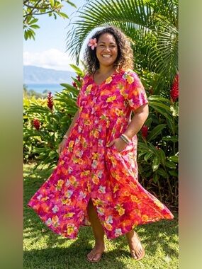 🌸Vintage Sita Floral Maxi Dress 100% Rayon Tropical Button Down Pockets Size L